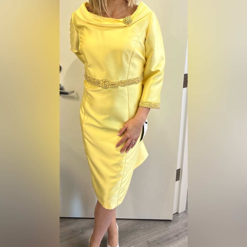 Yellow Sheath Dress with Cuffed 3/4 Sleeves and Crew Neck